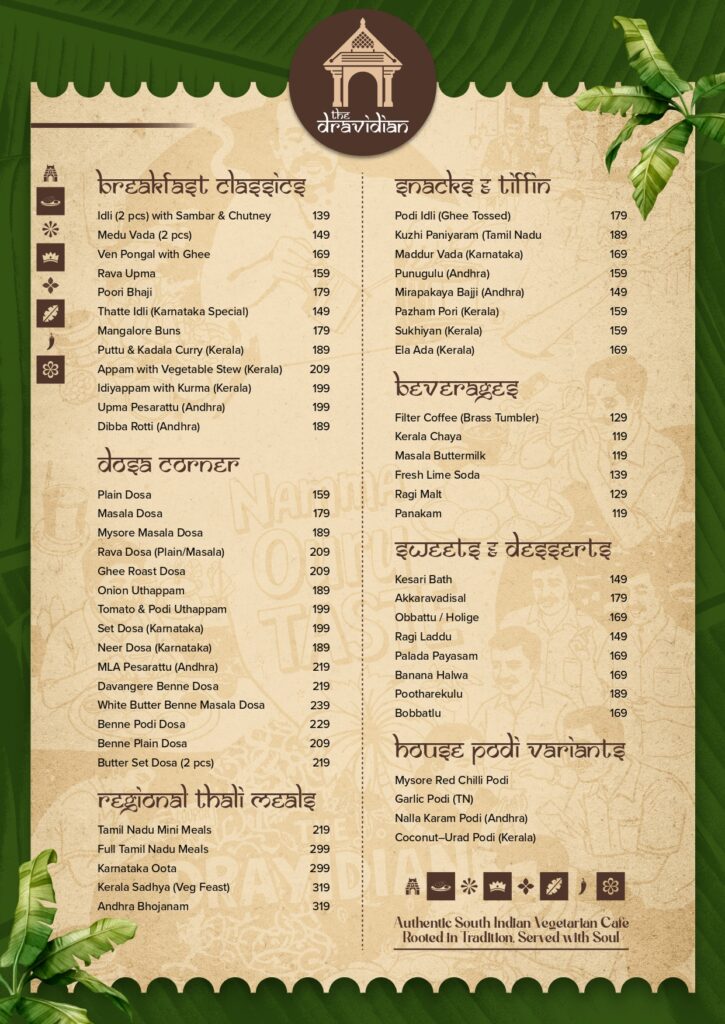south indian food menu the dravidian